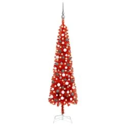 VIDAXL Schlanker Weihnachtsbaum Mit LEDs & Kugeln Rot 180 Cm