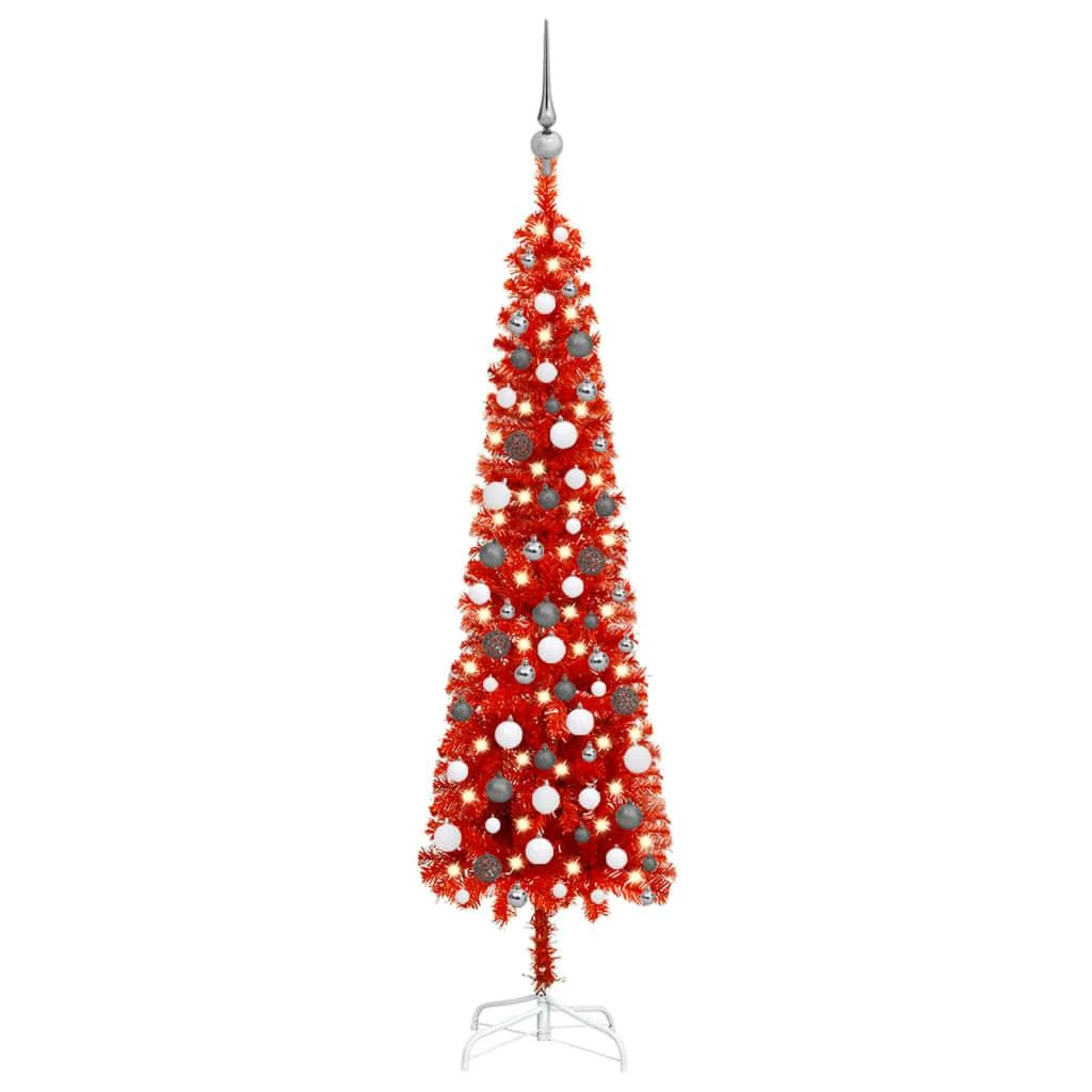 VIDAXL Schlanker Weihnachtsbaum Mit LEDs & Kugeln Rot 180 Cm 1 VIDAXL Schlanker Weihnachtsbaum Mit LEDs & Kugeln Rot 180 Cm