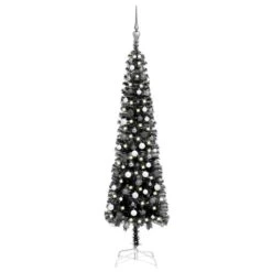 VIDAXL Schlanker Weihnachtsbaum Mit LEDs & Kugeln Schwarz 210 Cm