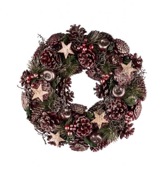 Naturkranz Mit Zapfen Und Sternen, Rot, Glitzer, ø 35 Cm, Höhe: 7 Cm, Handgefertigt, *Germany* 1 Naturkranz Mit Zapfen Und Sternen, Rot, Glitzer, ø 35 Cm, Höhe: 7 Cm, Handgefertigt, *Germany*