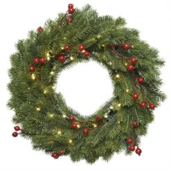 LED Tannenkranz Rote Beeren Beleuchtet Warmweiß LED D: 40cm Timer Batterie Grün