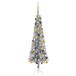 VIDAXL Weihnachtsbaum Schlank Mit LEDs & Kugeln Silbern 180 Cm
