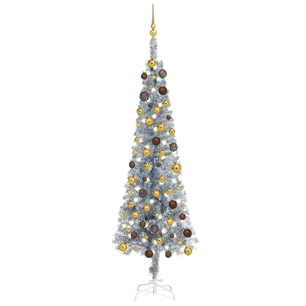 VIDAXL Weihnachtsbaum Schlank Mit LEDs & Kugeln Silbern 180 Cm 1 VIDAXL Weihnachtsbaum Schlank Mit LEDs & Kugeln Silbern 180 Cm