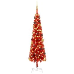 VIDAXL Weihnachtsbaum Schlank Mit LEDs & Kugeln Rot 180 Cm