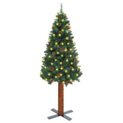 VIDAXL Weihnachtsbaum Schmal Mit LEDs & Echtholz & Zapfen Grün 210 Cm