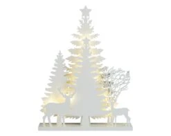 Winterwald Mit Rentieren Und LED-Beleuchtung, Sperrholz, 30 X 5.5 X 40 Cm, 12 LED-Leuchten, 6-Stunden-Timer, Weiß