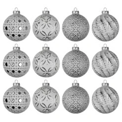 12er Weihnachtskugel-Set Ø8cm Glas Weiß/Silber 4 Sorten Im Display