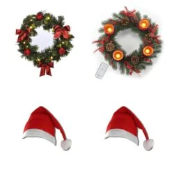 Beleuchteter Türkranz Adventskranz Mit LED Echtwachskerzen & Weihnachtsmannmütze