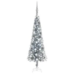 VIDAXL Schlanker Weihnachtsbaum Mit LEDs & Kugeln Silbern 150 Cm