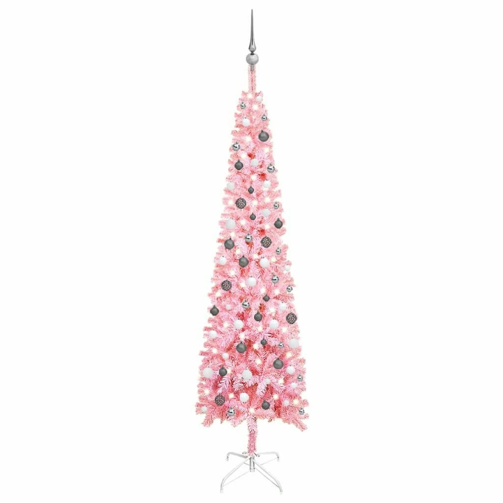 VIDAXL Weihnachtsbaum Schlank Mit LEDs & Kugeln Rosa 240 Cm 2 VIDAXL Weihnachtsbaum Schlank Mit LEDs & Kugeln Rosa 240 Cm – Bild 2